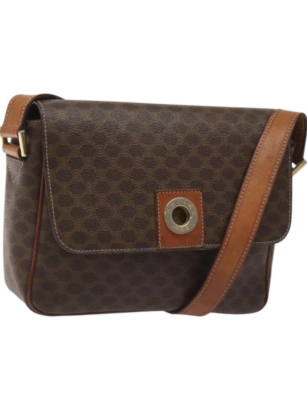 CELINE Macadam Canvas Shoulder Bag PVC Leather Brown Gold